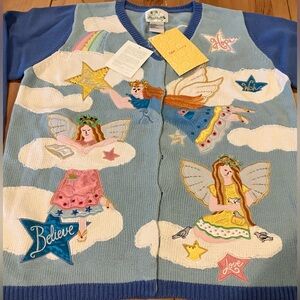 NWT Quacker Factory Angel Cardigan Blue Embroidered Angel Cardigan Size Large
